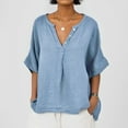 thumbnail image 2 of MIXUE Womens Summer Tops Linen Solid Color Button Down V Neck Short Sleeve Loose Casual Fashion Pullover Tshirts Activewear,Blue,M, 2 of 5