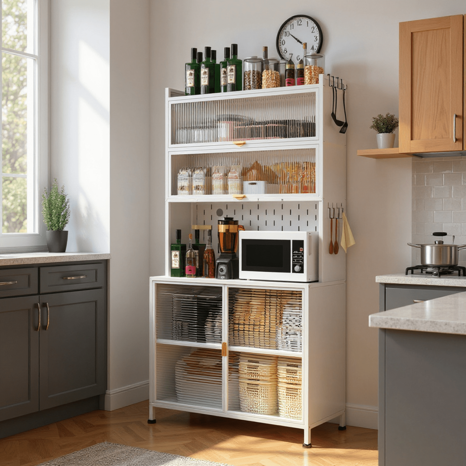 Homy Casa Tall Pantry Cabinet with Glass Sliding Doors and Multi-Layer Storage for Kitchen, White