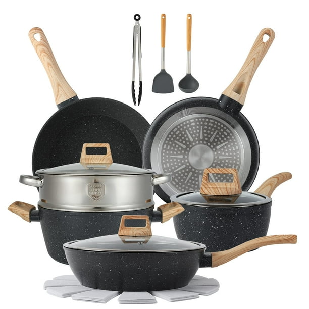 Juego de ollas y sartenes de 16 piezas Juego de utensilios de cocina antiadherentes con juego de cocina (negro, 16 piezas)