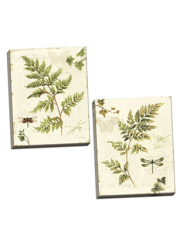 Gango Home Decor Classic Green and Brown Botanical Leaf and Dragonfly Adult Set; 1- 11" x 14" Stretched Canvases