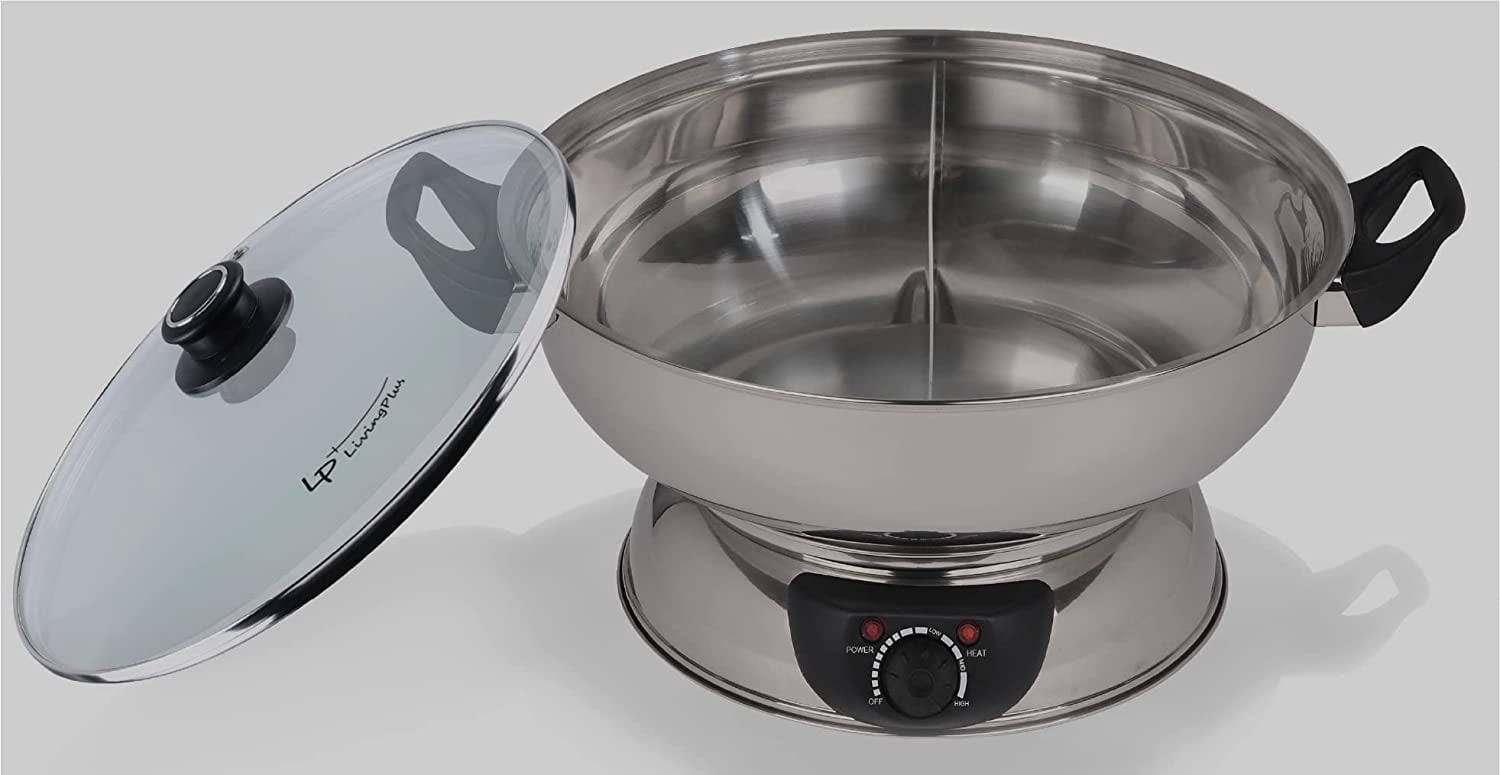 LP Living Plus Electric Dual Sided Stainless Steel Shabu Shabu Hot Pot with Burner and Glass Lid 5.0L