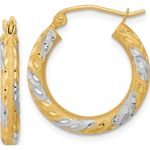 14K Yellow & Rhodium White Diamond-Cut Satin Hoop Earrings (21.65 X 19.92) Made In Peru tf1055