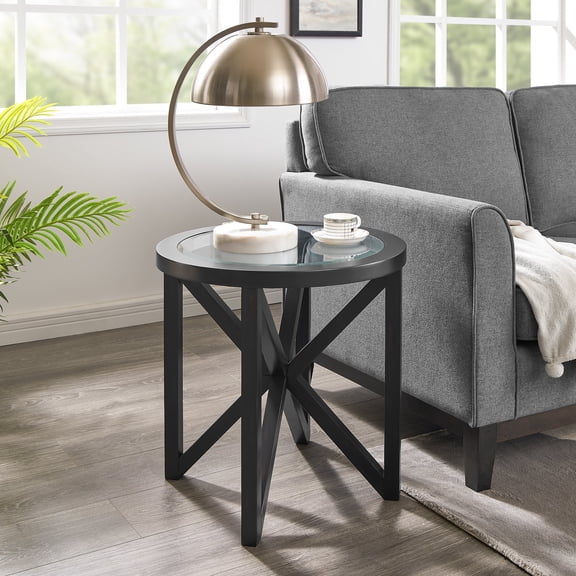 FFZ Modern Round Glass Coffee Table with Solid Wood Base, 22.13 inch, Black
