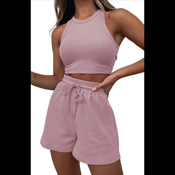 Conjuntos de Verano para Mujer, Conjunto Informal de 2 Piezas con Top Corto y Pantalones Cortos de Punto Gofre, Ropa de Dormir Rosa Talla S