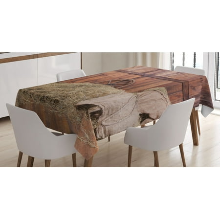 Wood Blocks And Wagon Barn Wood Wagon Wheel Tablecloth, Rural Old Horse Stable Barn Interior Hay and Wood Planks, Rectangular Table Cover for Dining Room Kitchen, 52 X 70 Inches, Brown Yellow Cream, by Ambesonne ()