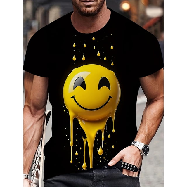 Camiseta de hombre con grafiti 3D y cara sonriente: estampado de pintura novedoso, informal, elástica y transpirable, ideal para actividades al aire libre.