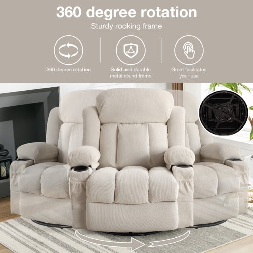HSUNNS 360° Swivel Recliner Chair with Massage & Heat, 135° Recline, Living Room Recliner with USB Port, Cup Holder and Storage, 350LB Ergo Lounge Chair Beige