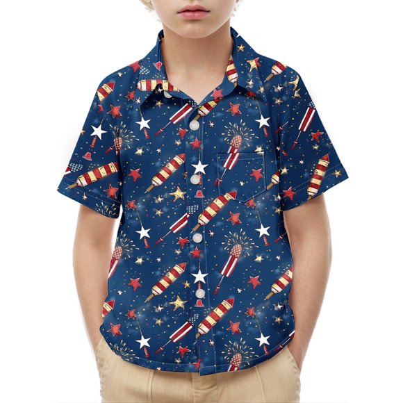 Independence Day Print Short Sleeve Shirt for Kids, Polyester Blend, Round Collar, Casual Pocket Design, Soft Breathable Fabric, Hand Wash Only