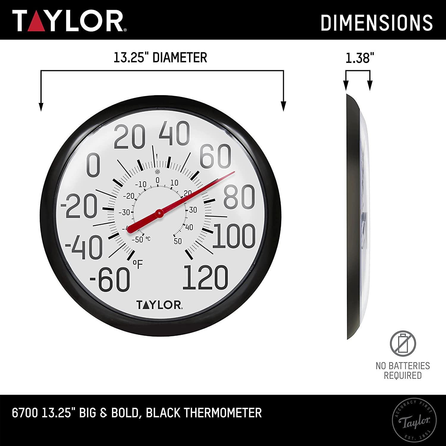 Taylor 6700 13-1/4" Black & White Big & Bold Dial Thermometer