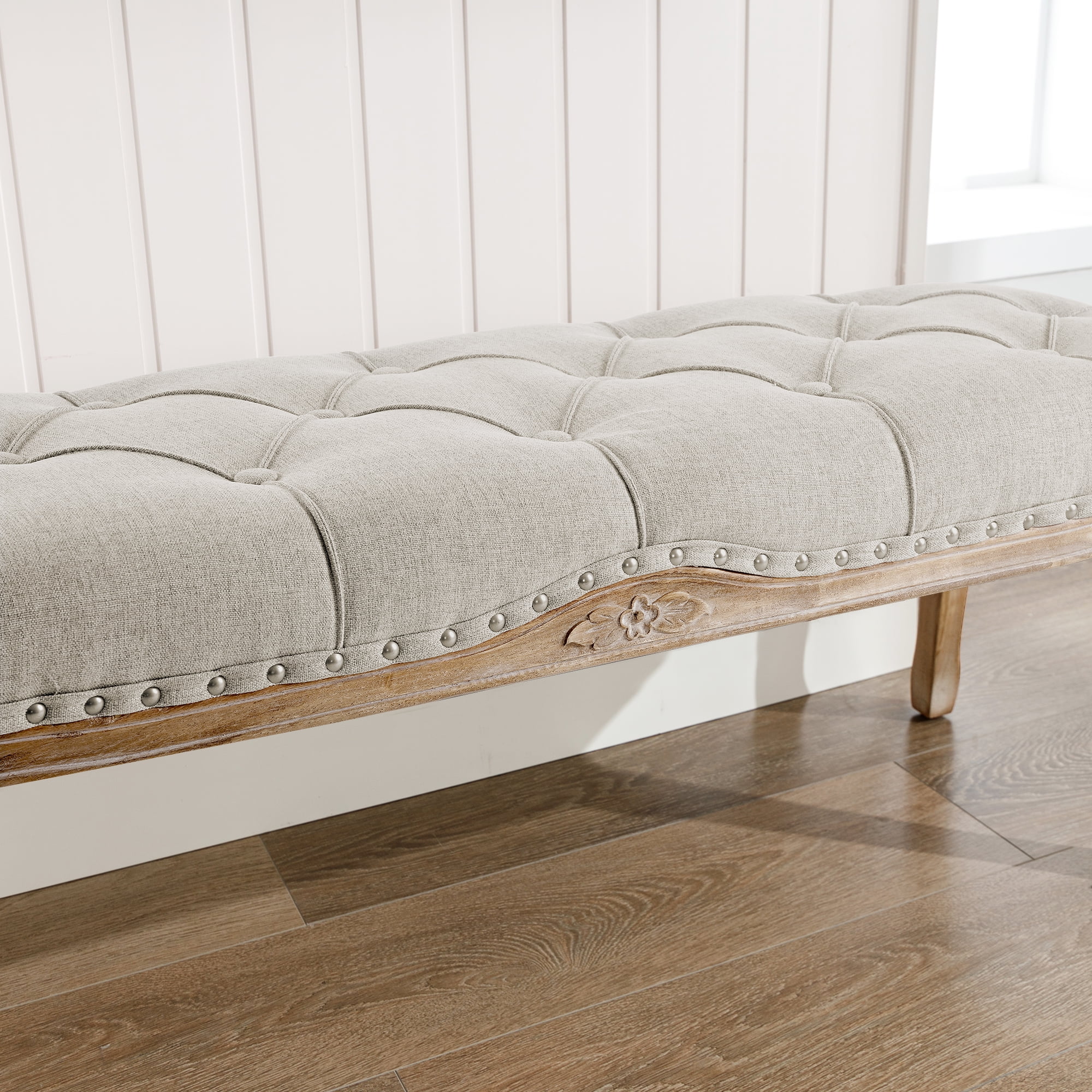 Dycanpo 45.2'' Bedroom Bench Seat Light Gray Linen, French Upholstered Ottoman Bench