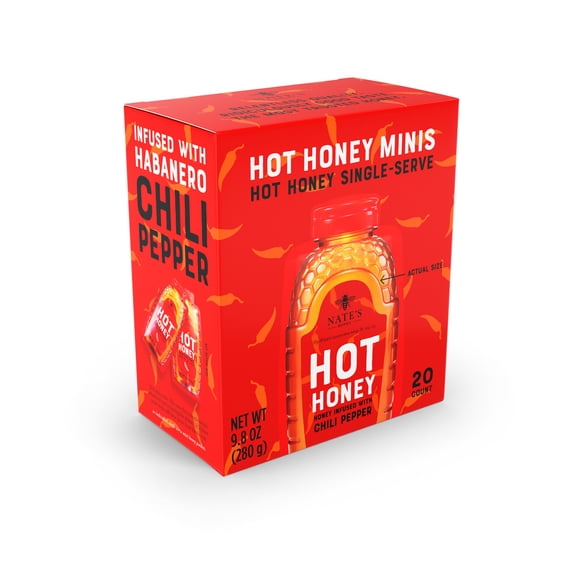 Nate's Hot Honey Minis: 100% Pure Honey & Habanero Chili Pepper - 20 Single Serve Packets