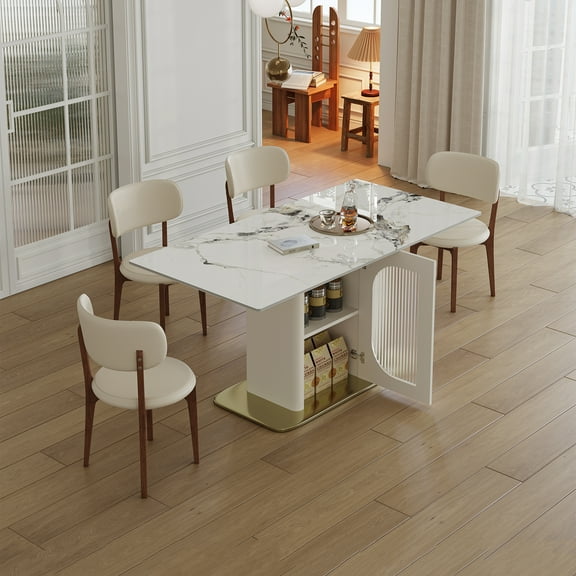 63" Modern 4-6 Person Dining Table Set with Storage, Burnt Stone Tabletop & Gold Solid Wood Base, Includes 4 White PU Chairs for Kitchen, Apartment