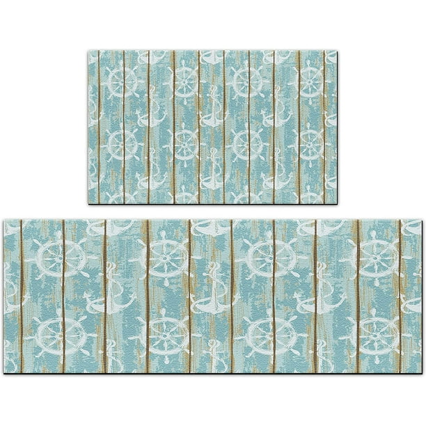 Coastal Kitchen Rugs and Mats Set of 2 Nautical Beach Anti Fatigue