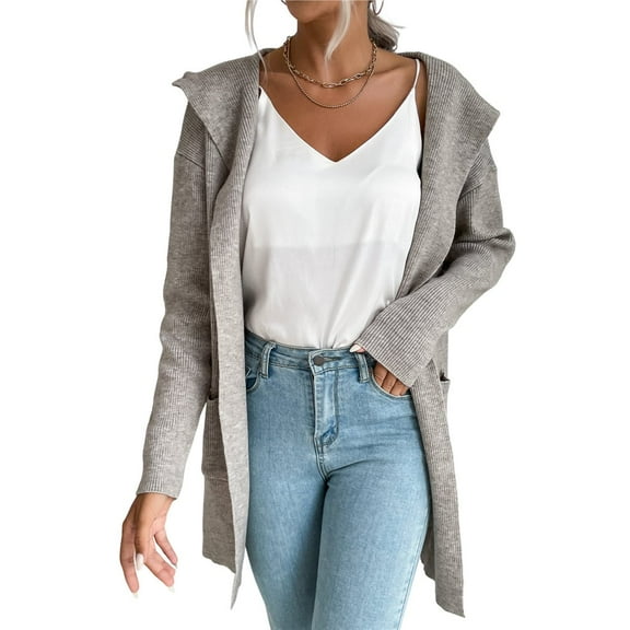 Women's Hooded Open Front Cardigan Long Sleeve Lapel Rib Knitted Winter Fall Sweater Cardigan Coat with Pocket Gray S
