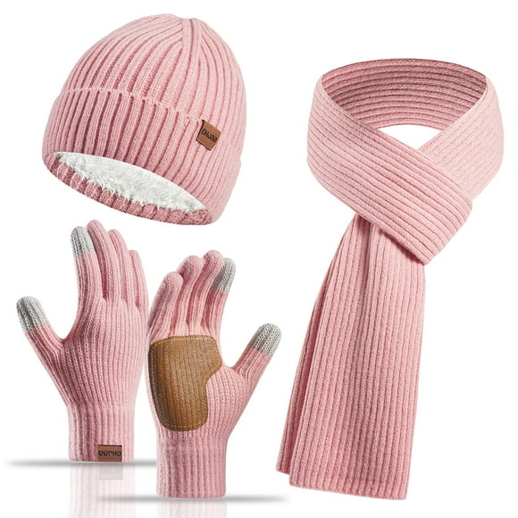Square Ensemble de Chapeaux et Foulards d'Hiver Roses pour Femmes, Doublure en Polaire, Chauffe-Nuque, Gants à Écran Tactile 3 en 1 Ensemble Cadeau