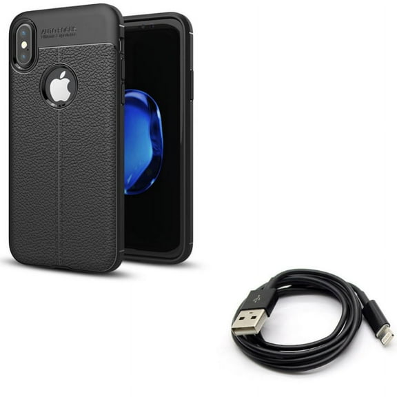 6ft USB Cable w Case for iPhone XS/X - Charger Cord Power Wire Long Sync, PU Leather Slim Fit Cover Reinforced Bumper Shock Absorbent for iPhone XS/X