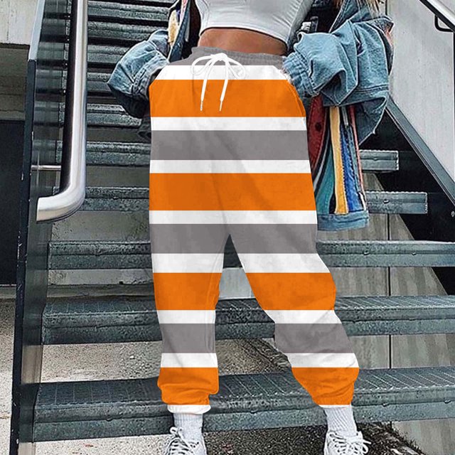Puntoco Moda Casual Para Mujer Bolsillos Estampados A Rayas Cintura Elástica Con Cordón Leggings Pantalones Deportivos Pantalones Naranja L