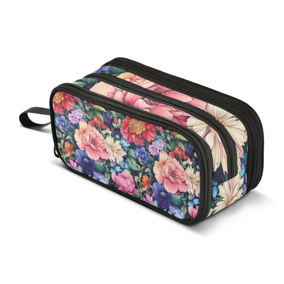 FORMRS Pencil Case with 3 Compartments Zipper Pouch, Elementary School Level and up, Vibrant Pink Floral Pattern