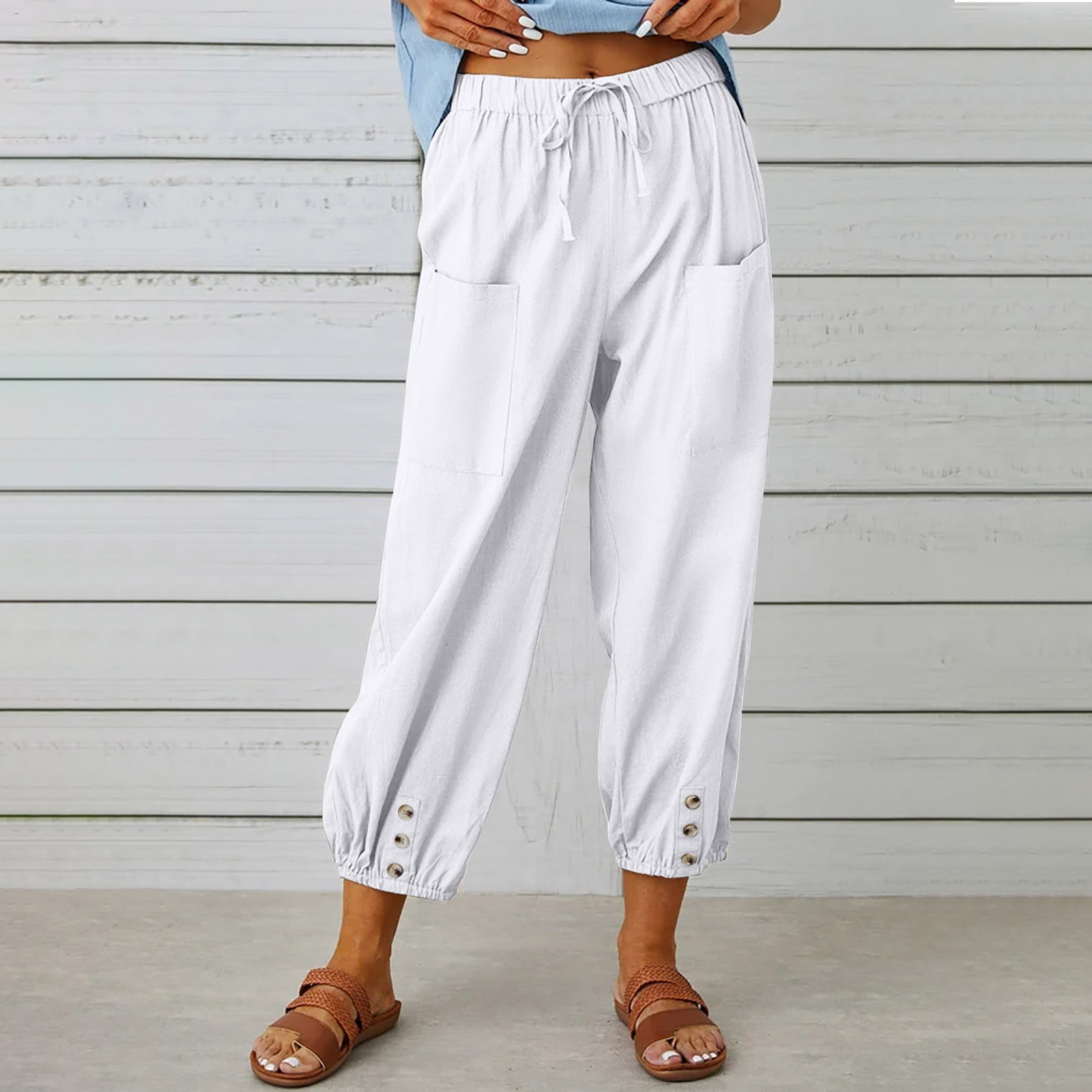 Women's Casual Capris Cotton and Linen Drawstring Solid Summer