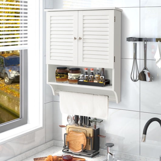 2Doors Bathroom WallMounted Medicine with Towel BarWhite