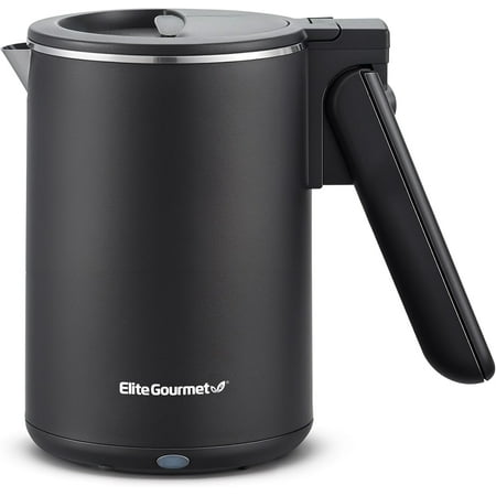 EKT719 Dual Volt 120-230V, Travel Double Wall Insulated Cool-Touch, 0.6L Electric Kettle, Stainless Steel Interior, Hin d-Locking Lid, Retractable Handle, Auto Shut-Off, Boil Dry, Black
