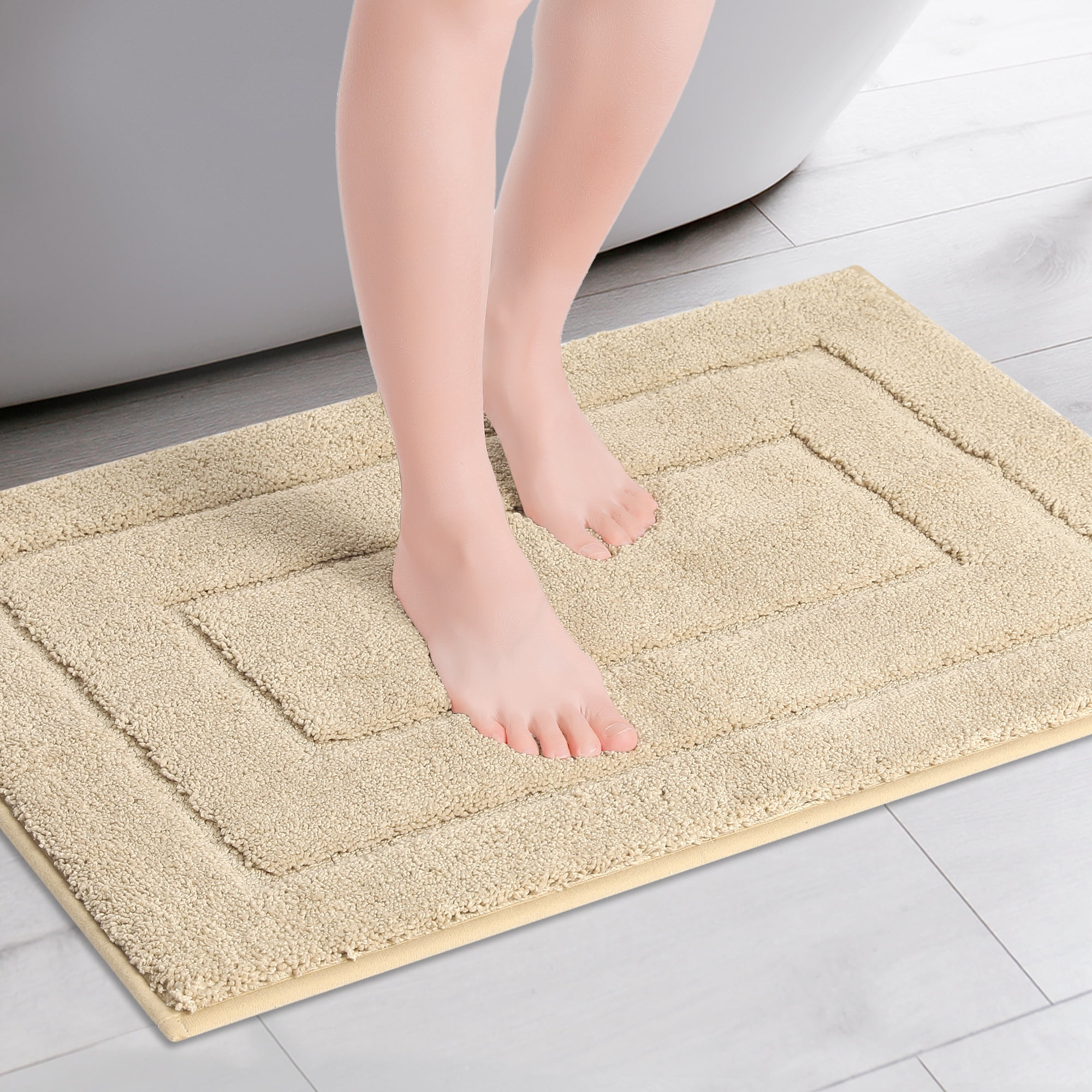 Unique Bargains Geometry Bathroom Rug Mat Soft Absorbent Non-Slip Comfortable Bath Rugs Khaki 16" x 24"