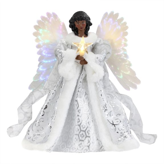 KEUSN 9.84-Inch White and Silver Fiber Optic LED Angel Treetop