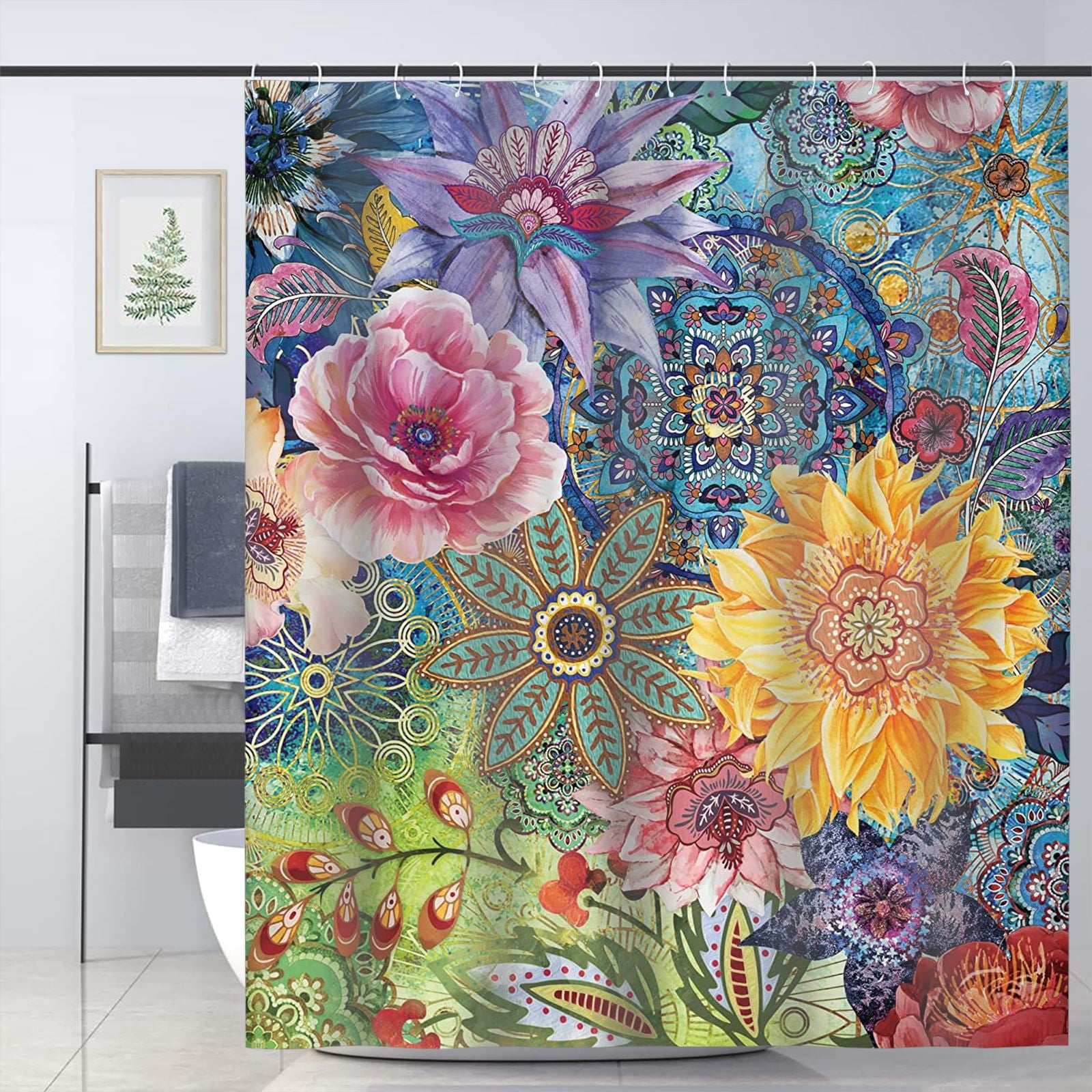 Boho Floral Shower Curtain Flower Tropical Leaves Shower Curtains Polyester Fabric Shower ...