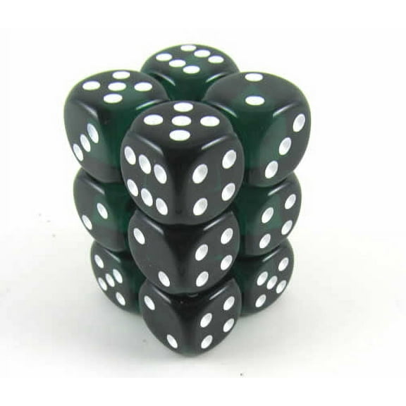 Green Transparent Deluxe Dice with White Pips D6 16mm (5/8in) Pack of 12 Koplow Games