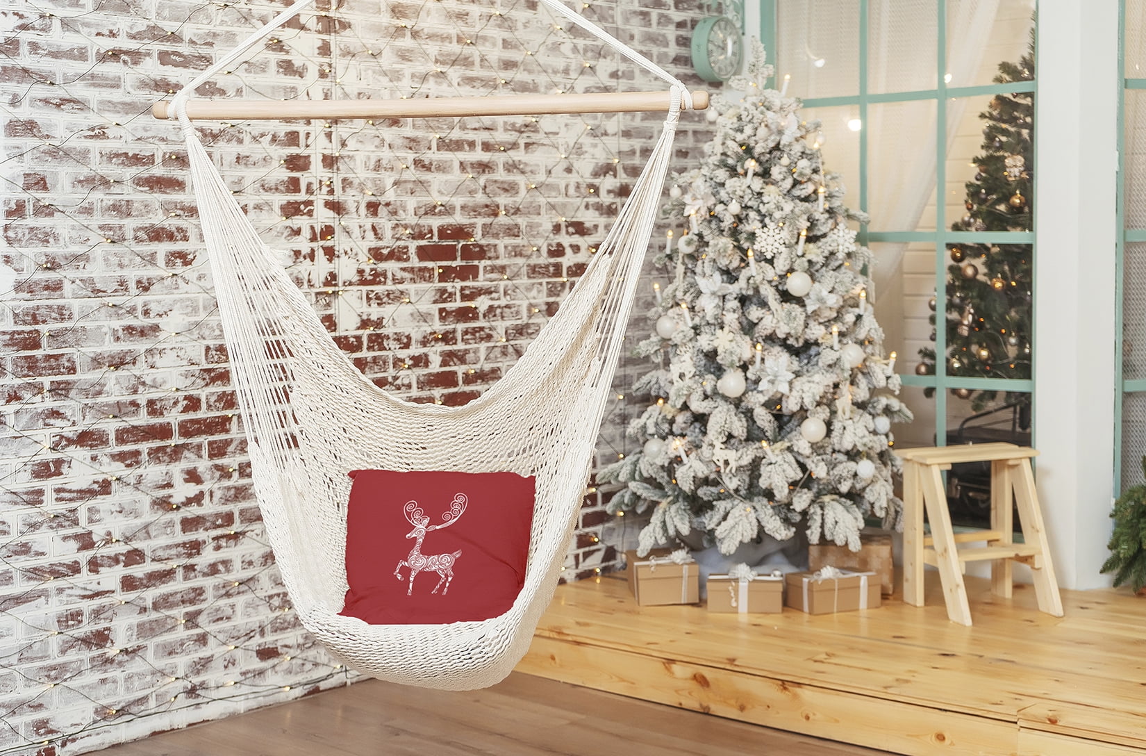 18" x 18" Simply Daisy Fancy Holiday Reindeer Polyester Indoor/Outdoor Pillow, Muted Red (1 Count)
