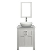 FULLWATT 24" Classic Wood Bathroom Vanity with Ceramic Vessel Sink Bowl Faucet and Mirror Set, White