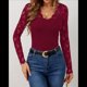 thumbnail image 5 of Blusa de Larga con Cuello en V y Encaje de con Bordado Floral para Mujer Vino Tinto M, 5 of 9