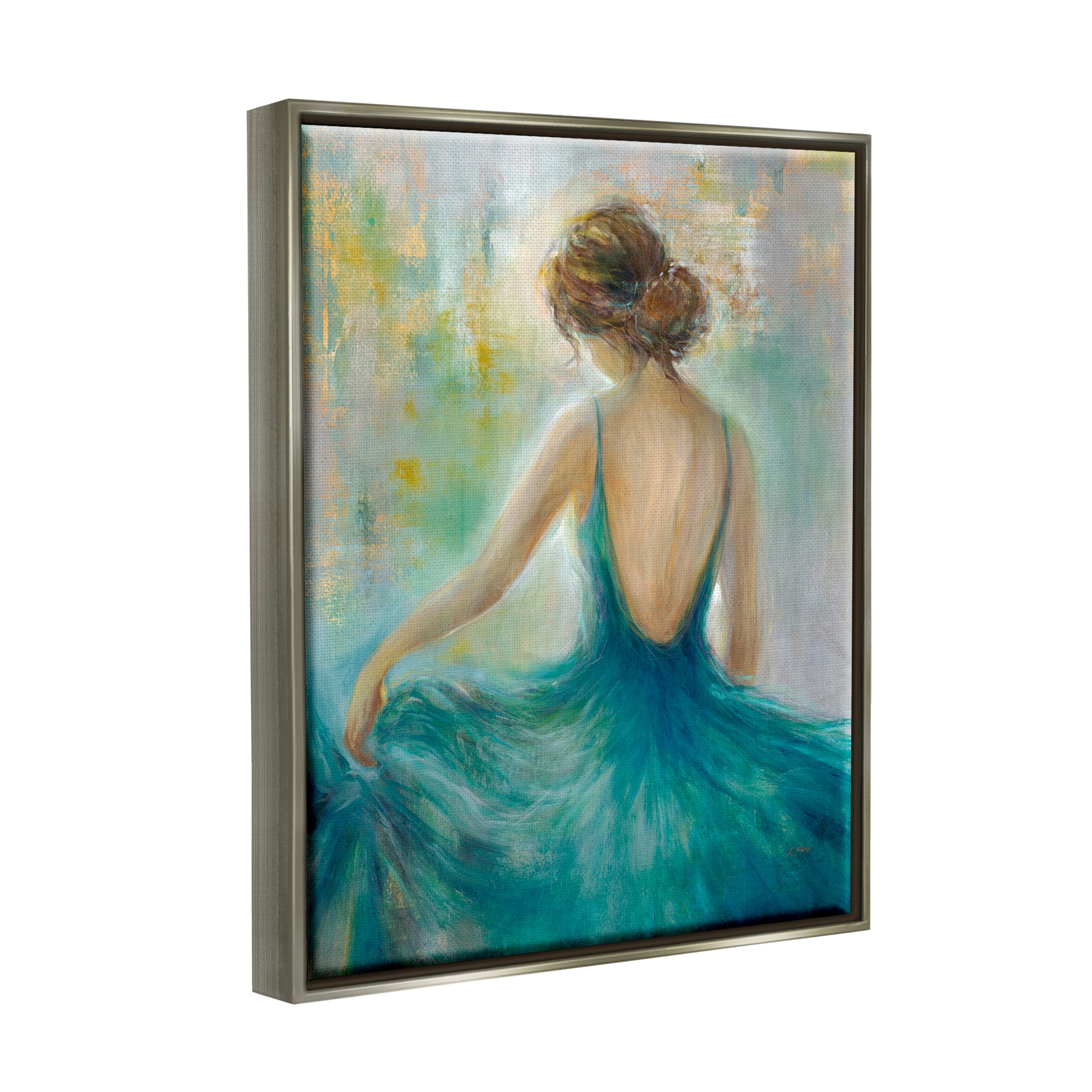 Stupell Industries Woman Green Dress Painting Beauty & Fashion Painting Gray Floater Framed Art Print Wall Art