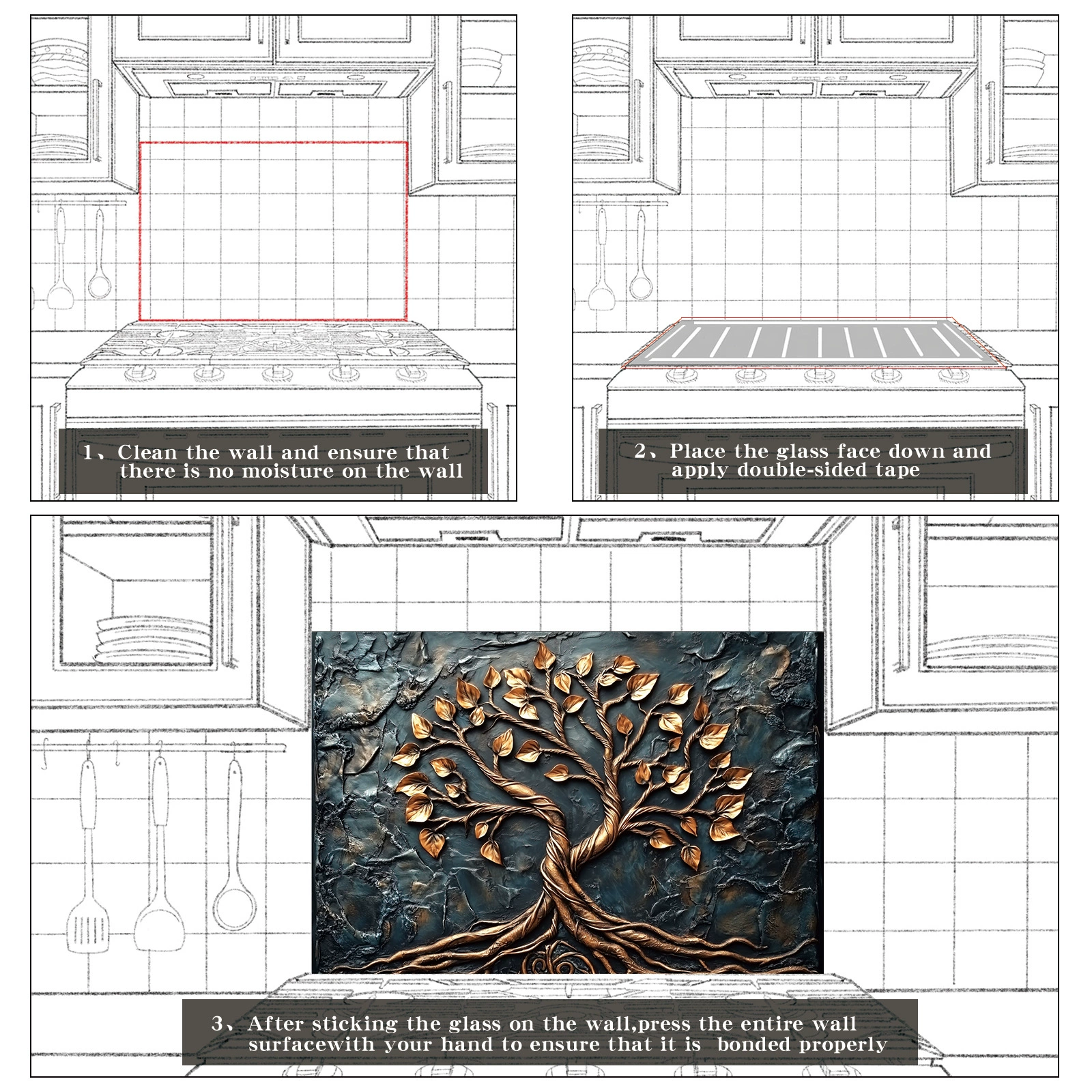 Tempered Glass Backsplash For Kitchen Behind Stove,Stove Back Top Cover,Easy to Clean Glass Splashback, Sink Cover Splash Guard,Home Kitchen Wall Decor