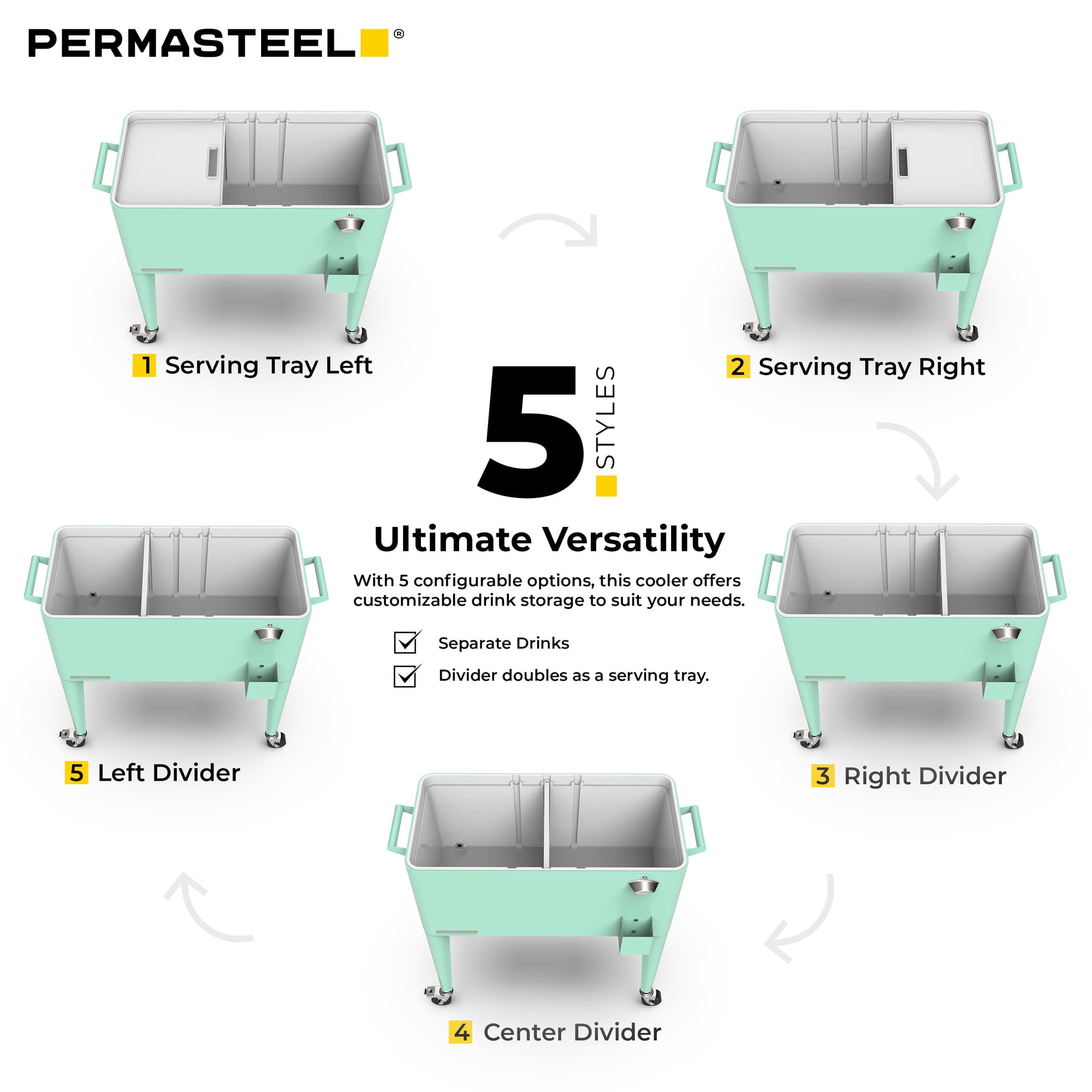 Permasteel Party Cooler with Divider, Spacious 80-Qt Capacity, Chills 36hrs, Serving Tray, Rolling Ice Chest for Indoor and Outdoor Entertainment, Matte Mint