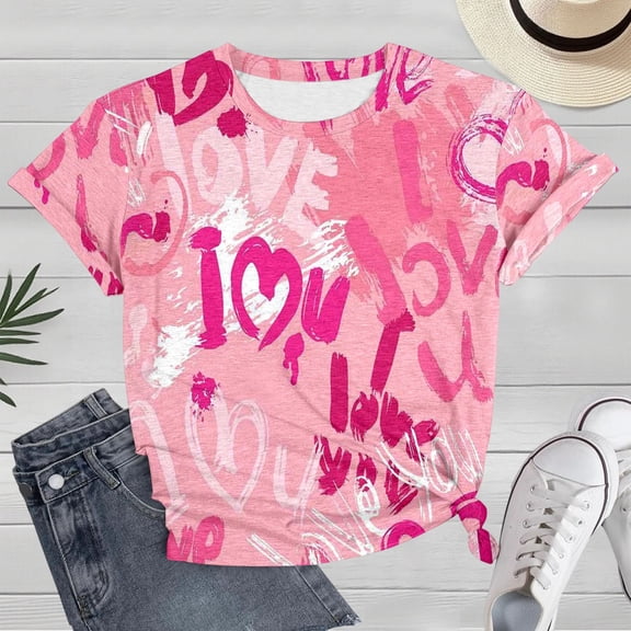 Women's T Shirts Hearts Print Round Neck Short Sleeve T Shirts Basic Tees for Women Pink L