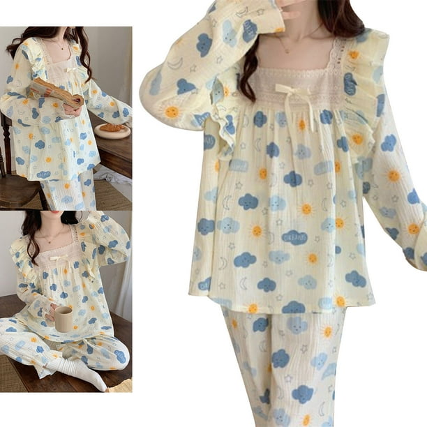 Women Long Sleeve Pajama Set Cute Cloud Bow Tie Moderate Thickness Stretchy Women Nightwear for Winter Cloud L