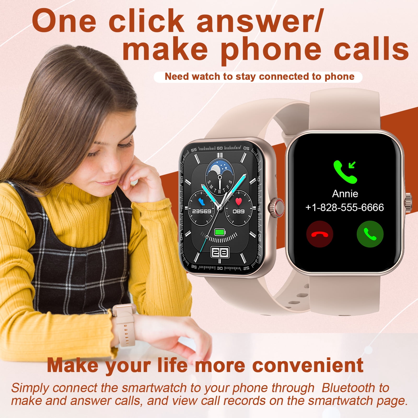 PTHTECHUS 1.83'' Smart Watch for Kids Sport Smartwatch with 37 Sports Modes DIY Watch Touchscreen Phone Calls Music Calculator Excellent Gift for Teenage(Gold)