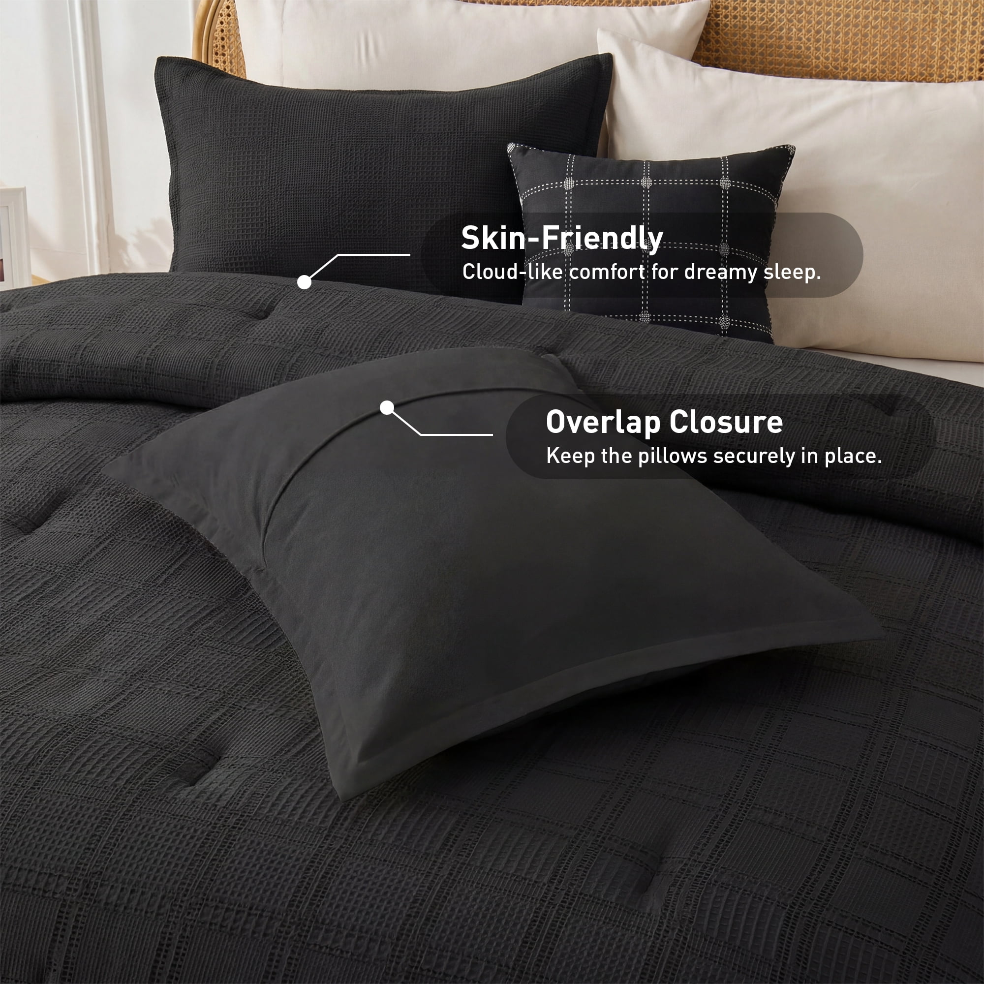 Regency Heights Waffle Weave Comforter Set, Full/Queen Size Textured Comforter Bed Set, 3-Piece Lightweight Bedding Set with Pillow Shams for All Season, Black