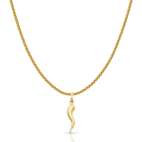 Ioka-14K Yellow Gold Cornicello Italian Horn Fortune Charm Pendant with 1.1mm Wheat Chain Necklace - 16"