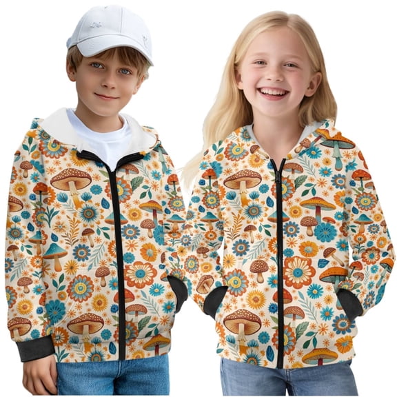 Uorisanigo Full Zipper Hoodie for Boys and Girls - Autumn Mushroom Flowers Casual Long Sleeve Sweatshirt Spring Fall Clothes - Soft Velvet Lined Outwear Coat Jackets Clothing