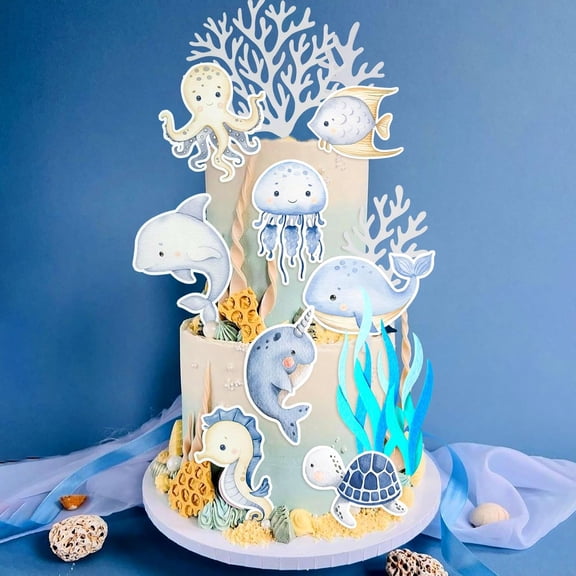 29 PCS Under the Sea Cake Toppers Ocean Animal Cupcake Toppers Under the Sea Party Decorations Ocean Sea Theme Baby Shower Birthday Party Cake