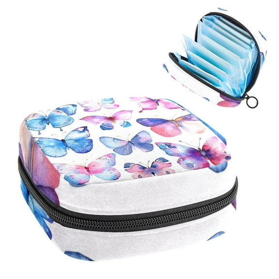 Sanitary Napkin Storage Bag for Girls Women, Portable First Period Pads Bag Tampons Holder Girls Travel Makeup Bag, Large Capacity Watercolor Butterfly Collection