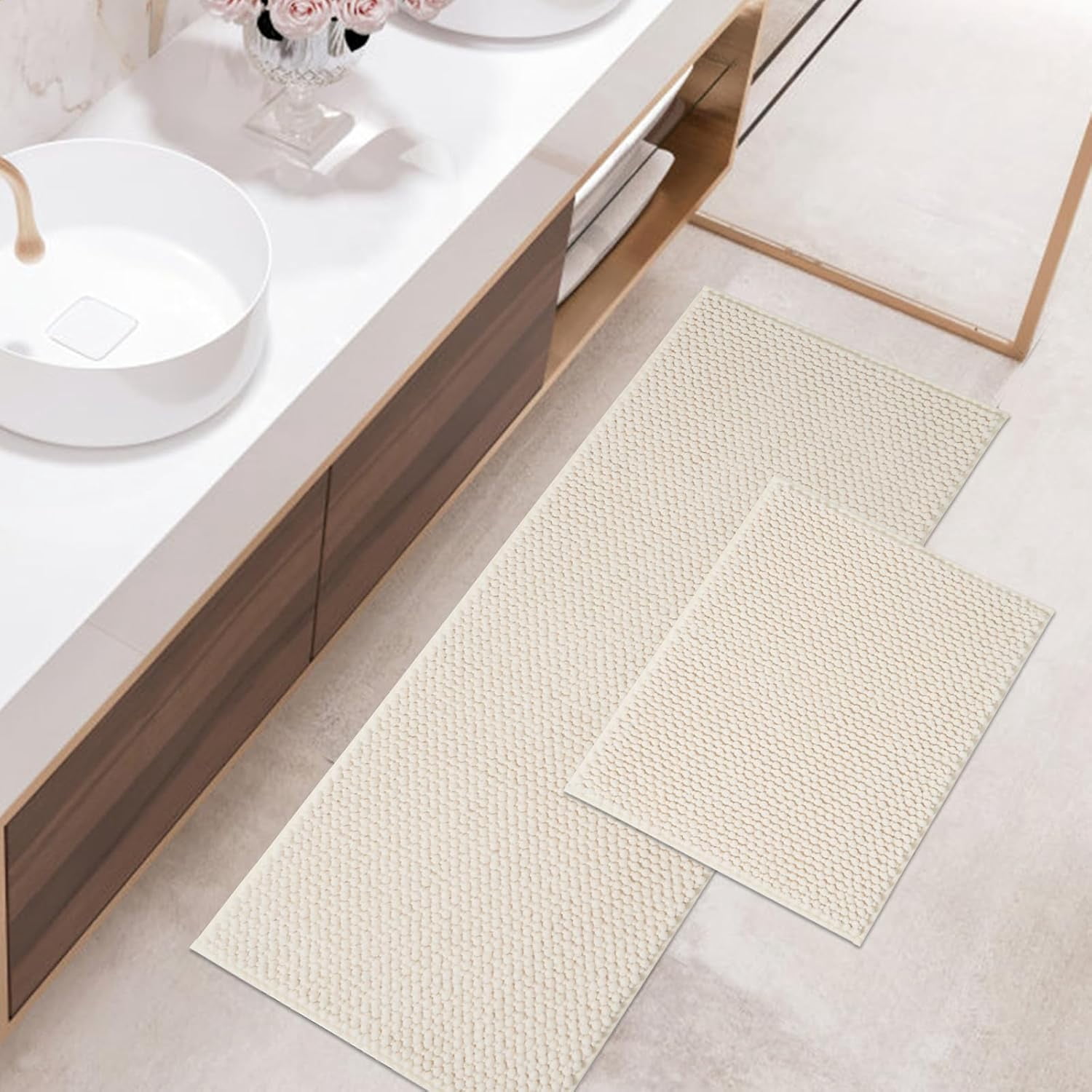 FRESHMINT Chenille Bathroom Rugs Sets 2 Piece 17''x24''+20''x47'', Non-Slip Bath Mats Set for Bathroom, Absorbent Bath Rug, Washable Set of 2 Shower Floor Mat Runner, Cream
