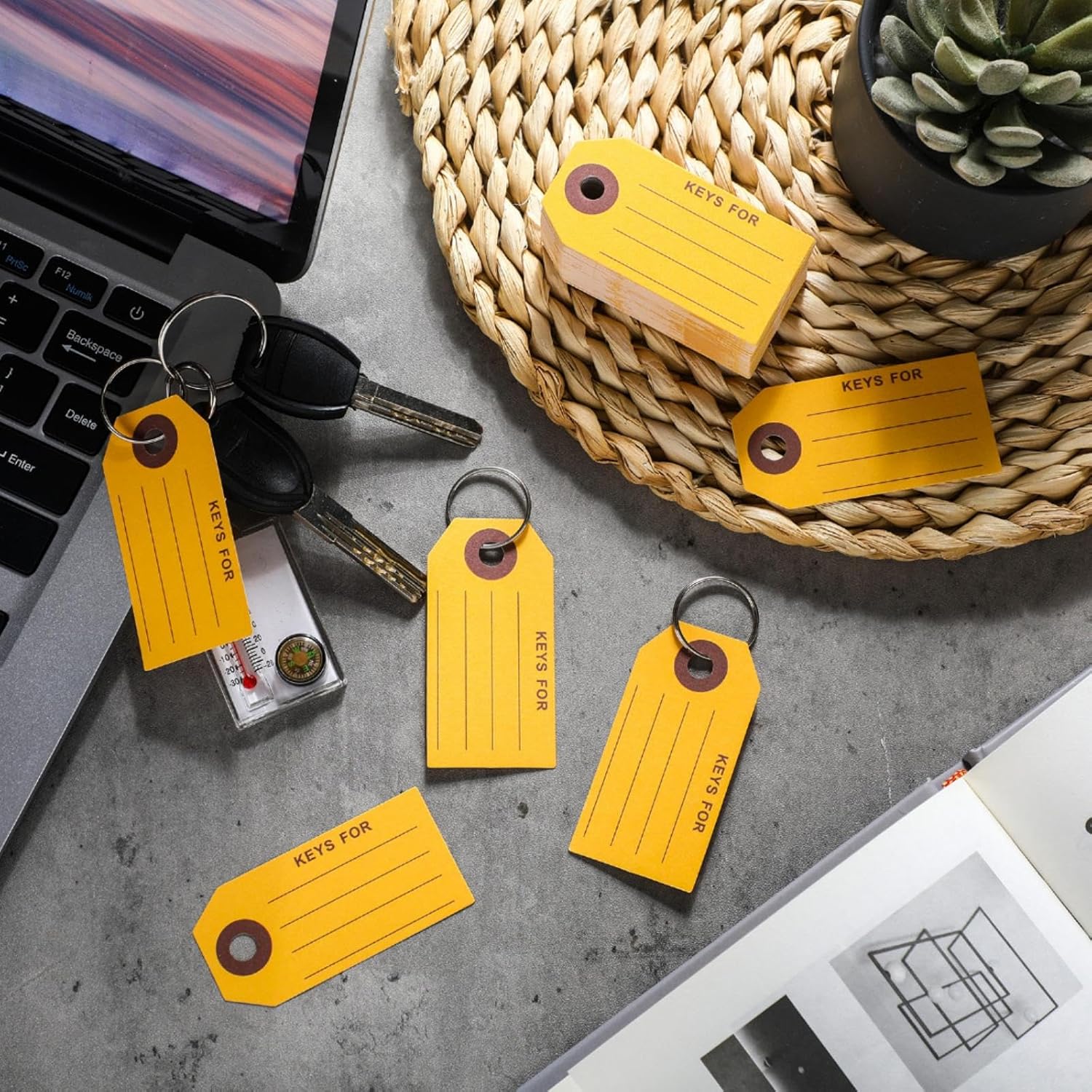 500 Pcs Key Tags with Rings 1.38 x 2.76 Inches Key Chain Tags Labels for Box Keychain Office Shop Car Supplies (Yellow)