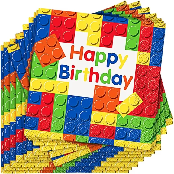 Unique Birthday Luncheon Paper Napkins, 6.5", Building Blocks