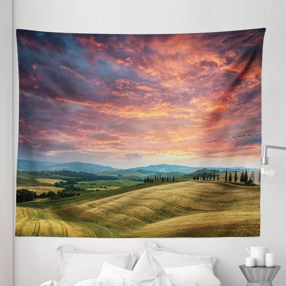 Colorful Tapestry, Tuscany Italy Cypress Trees and Fields Crop Cloudy Sky Holiday Destination, Fabric Wall Hanging Decor for Bedroom Living Room Dorm, 5 Sizes, Vermilion Khaki, by Ambesonne