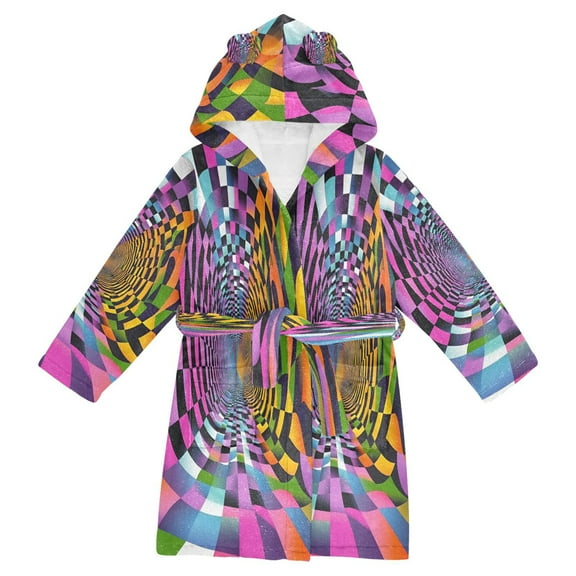 FORMRS Niños Bathrobe Unisex Hooded Robe Soft Plush Pajamas Sleepwear, Size 2-3T, Green Wavy Plaid