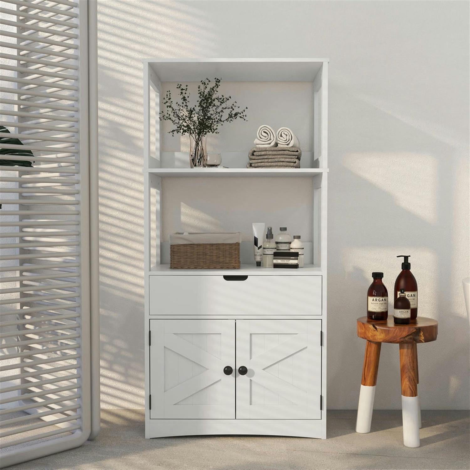 Demi Bonn 48" Farmhouse Bathroom Floor Cabinet, Freestanding Linen Storage Cabinet with Shelf and Drawer, for Living room, Entryway, Kitchen, White