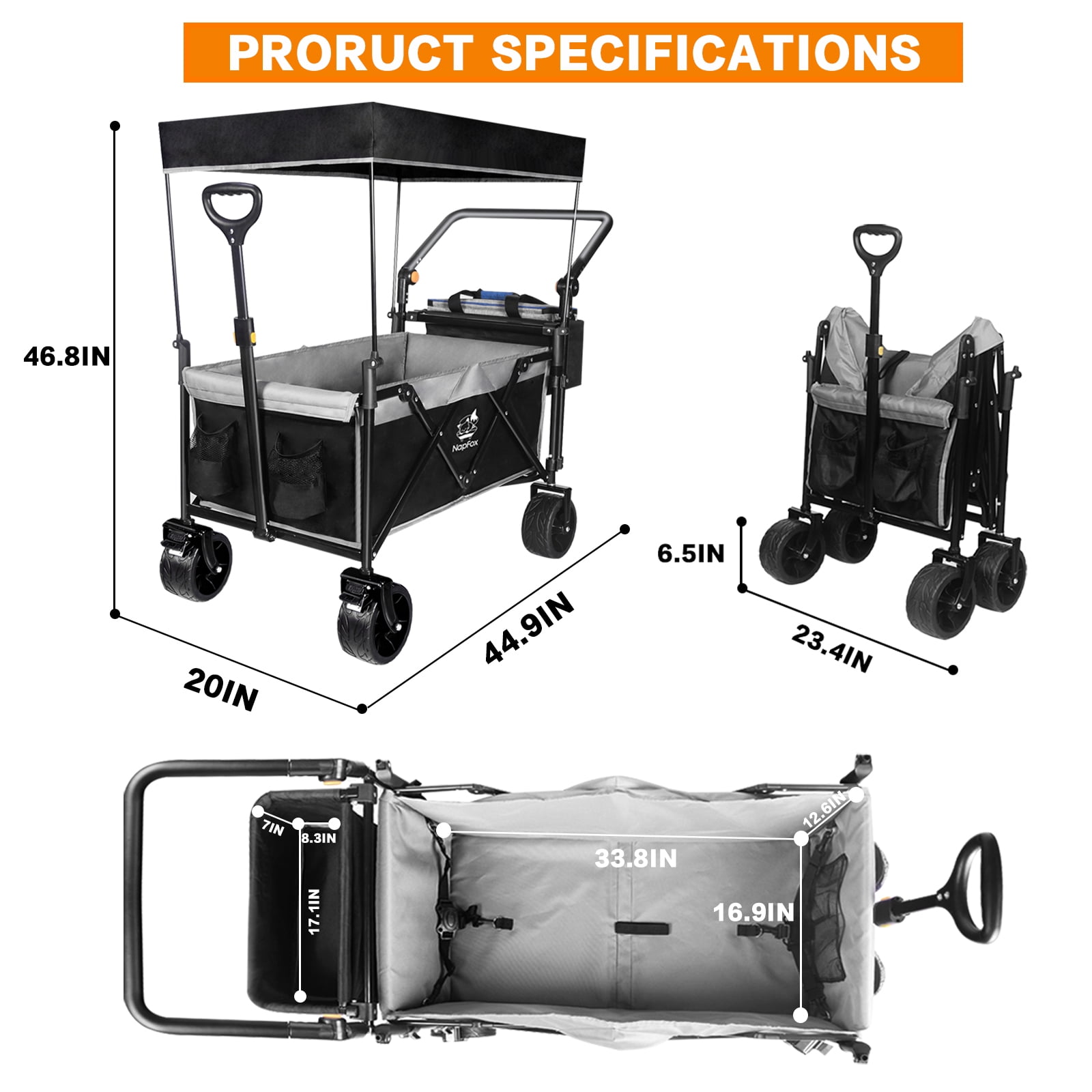 140L Wagons Carts with Removable Canopy, Folding Wagon Cart with Wheels for All-Terrain with Brake, Foldable Wagon with Cooler Bag for Camping Beach Shopping